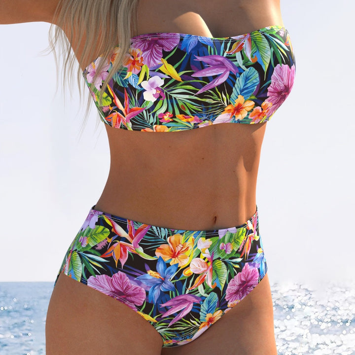 Dame bandeau bikini med hög midja och färgglad tropisk design Mirla-Eva Jonsson