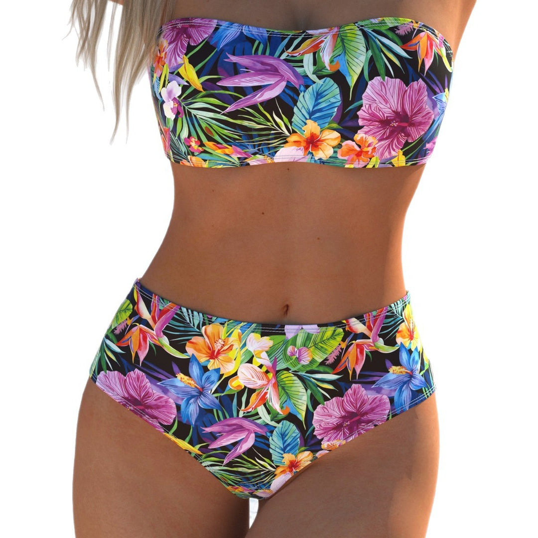 Dame bandeau bikini med hög midja och färgglad tropisk design Mirla-Eva Jonsson
