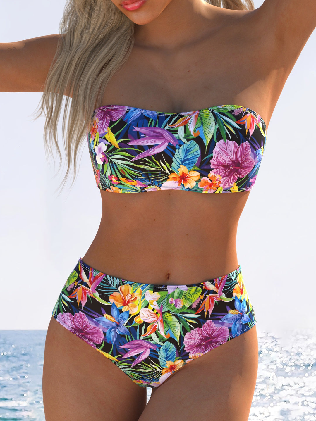 Dame bandeau bikini med hög midja och färgglad tropisk design Mirla-Eva Jonsson