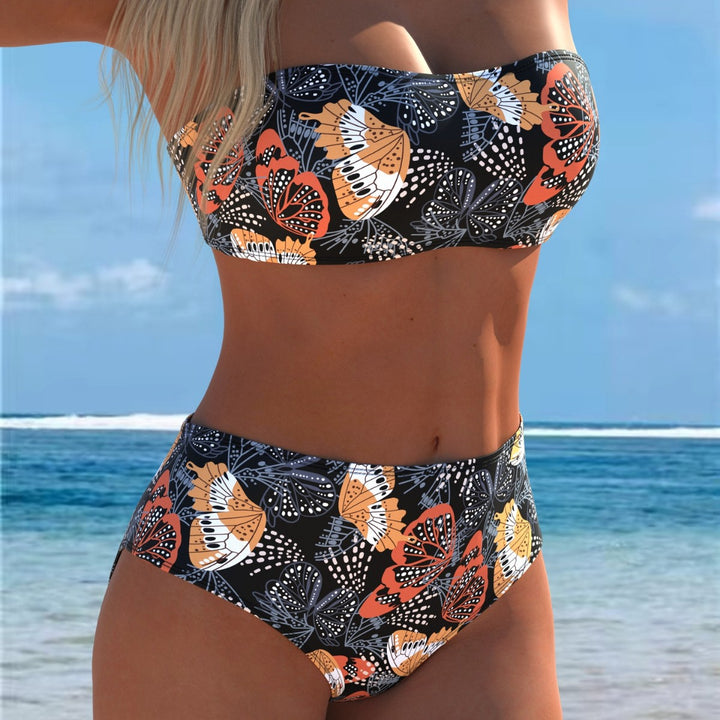 Dame bandeau bikini med hög midja och kontrasterande blommönster Mirla-Eva Jonsson