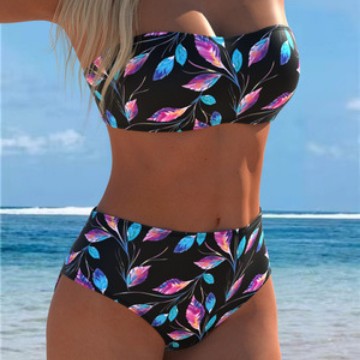 Dame bandeau bikini med hög midja och kontrasterande blommönster Mirla-Eva Jonsson