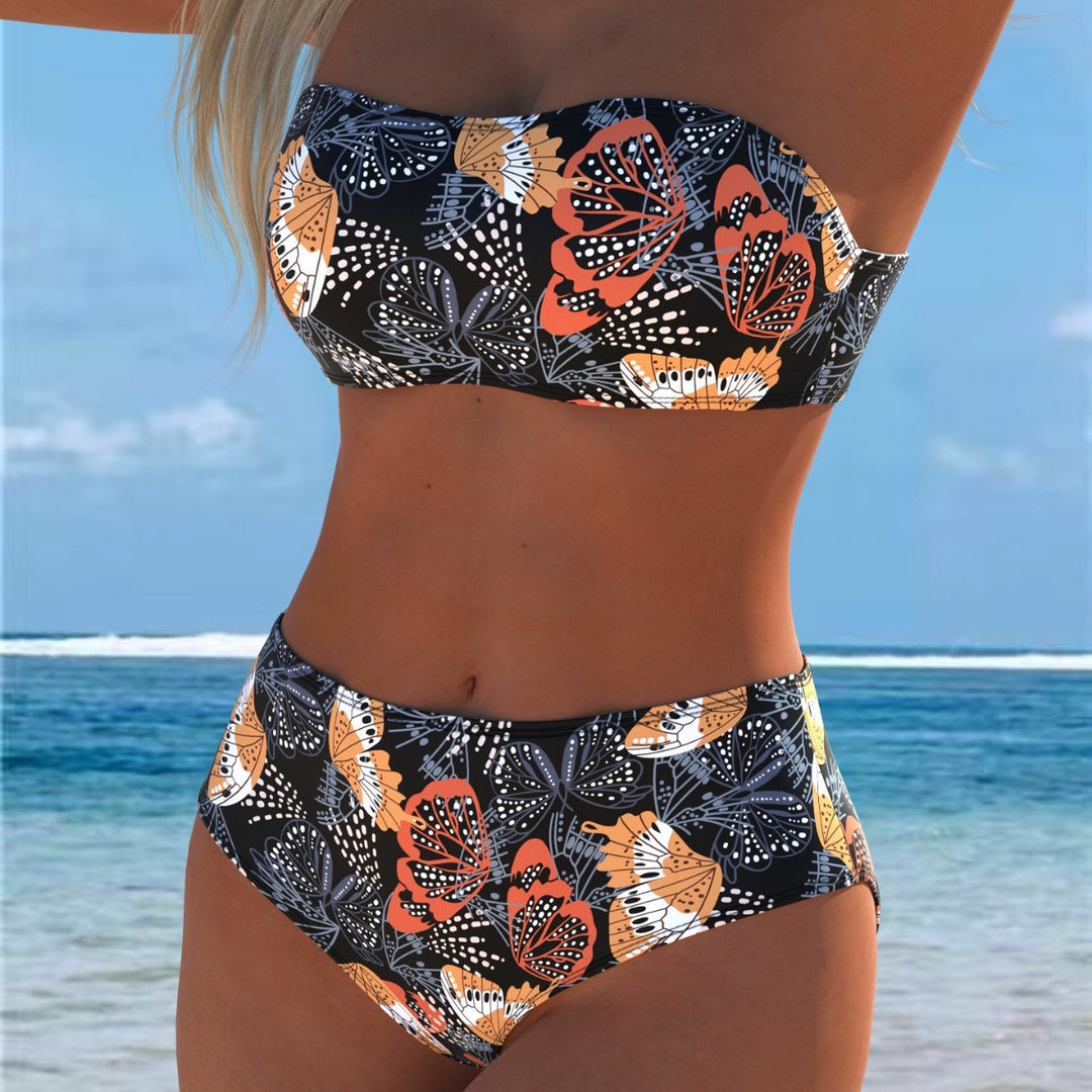Dame bandeau bikini med hög midja och kontrasterande blommönster Mirla-Eva Jonsson