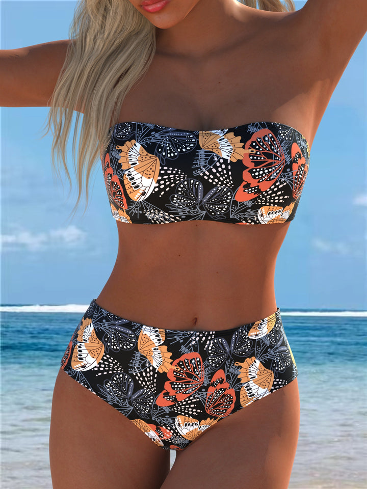 Dame bandeau bikini med hög midja och kontrasterande blommönster Mirla-Eva Jonsson