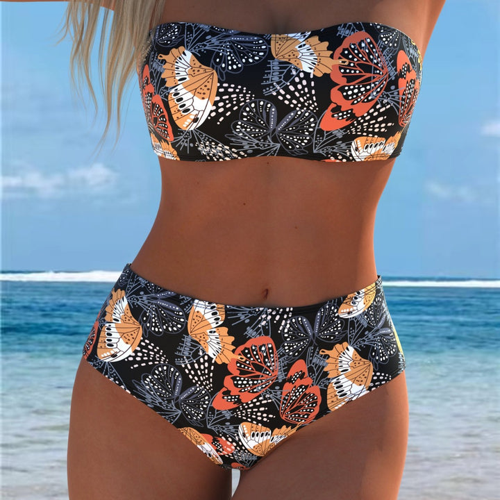Dame bandeau bikini med hög midja och kontrasterande blommönster Mirla-Eva Jonsson