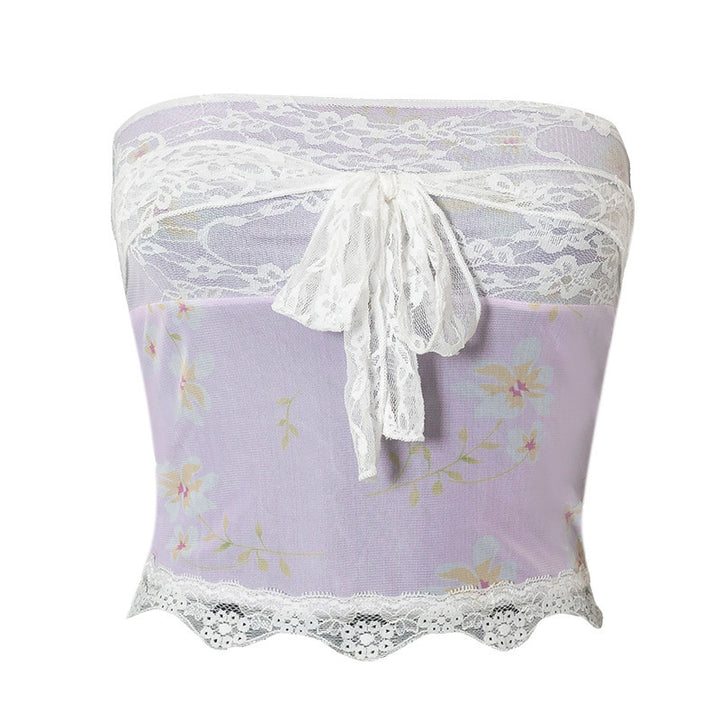 Dame bandeau-top med blommönster och spetsdetaljer Mirla-Eva Jonsson