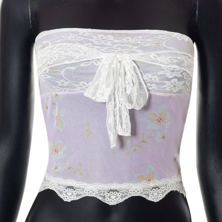 Dame bandeau-top med blommönster och spetsdetaljer Mirla-Eva Jonsson