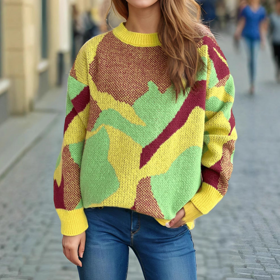 Dame bekväm stickad tröja med modern färgblockdesign Mirla-Eva Jonsson