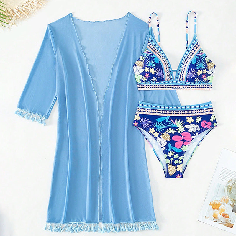 Dame bikini-set med blommig topp och elegant omslagsjacka Mirla-Eva Jonsson