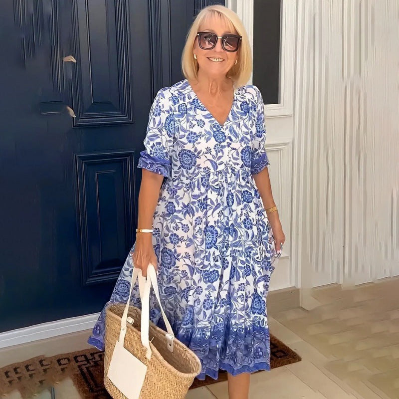 Dame blommönster A-linje klänning med veckband Eva Jonsson-Eva Jonsson
