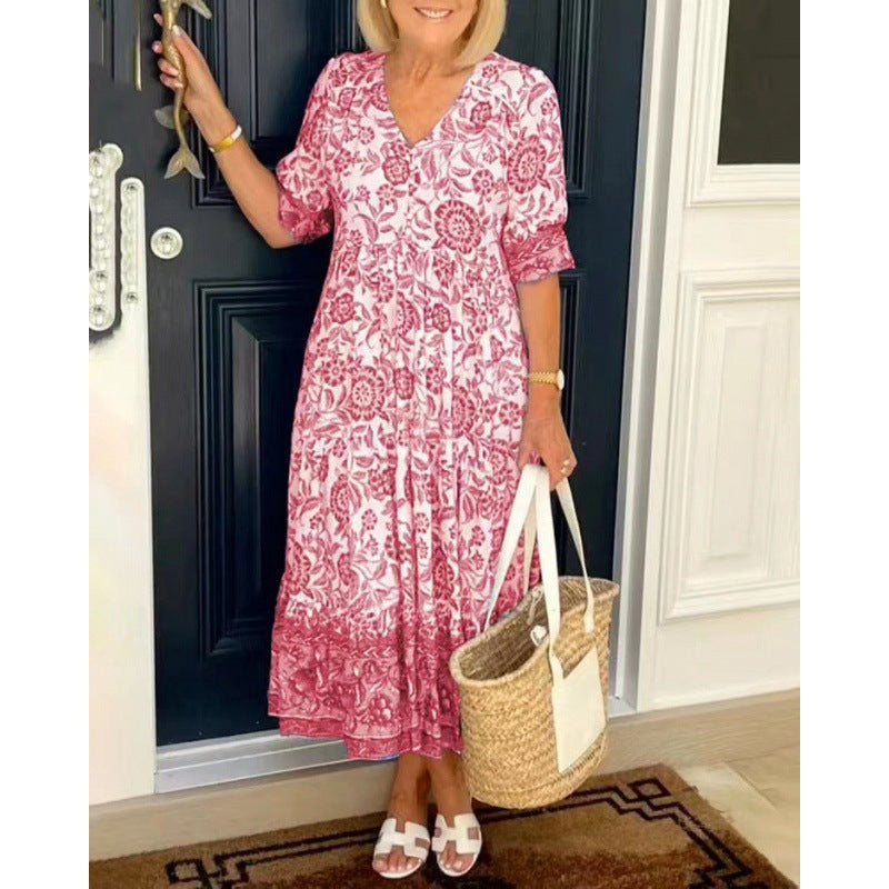 Dame blommönster A-linje klänning med veckband Eva Jonsson-Eva Jonsson