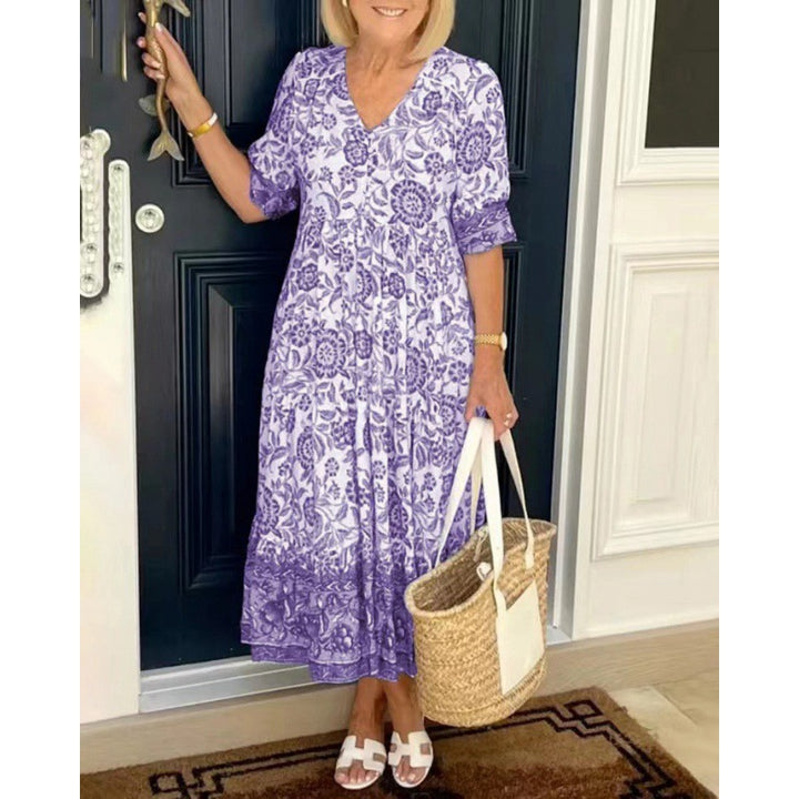 Dame blommönster A-linje klänning med veckband Eva Jonsson-Eva Jonsson