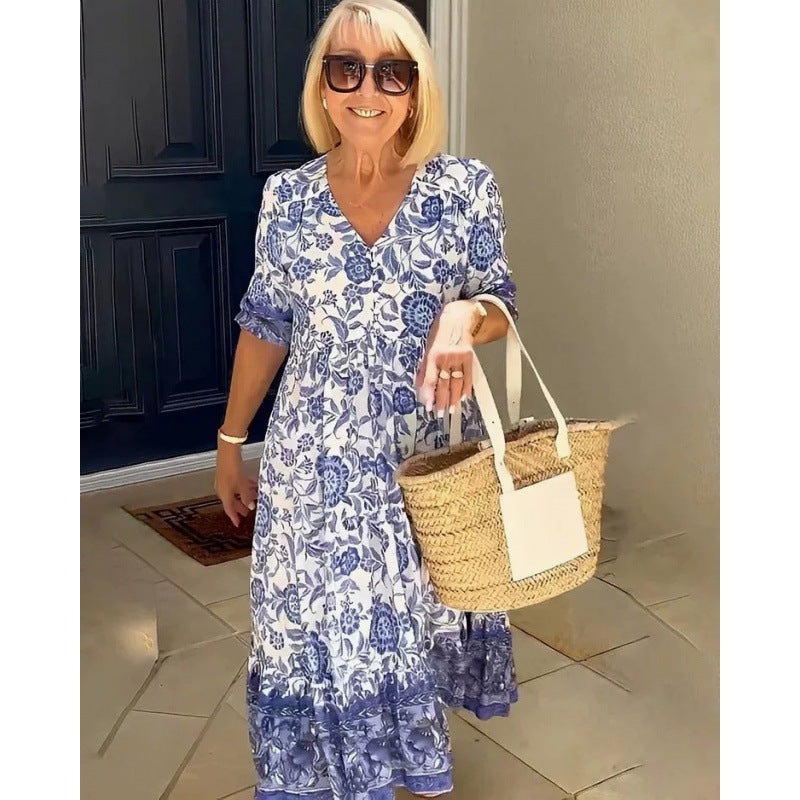 Dame blommönster A-linje klänning med veckband Eva Jonsson-Eva Jonsson