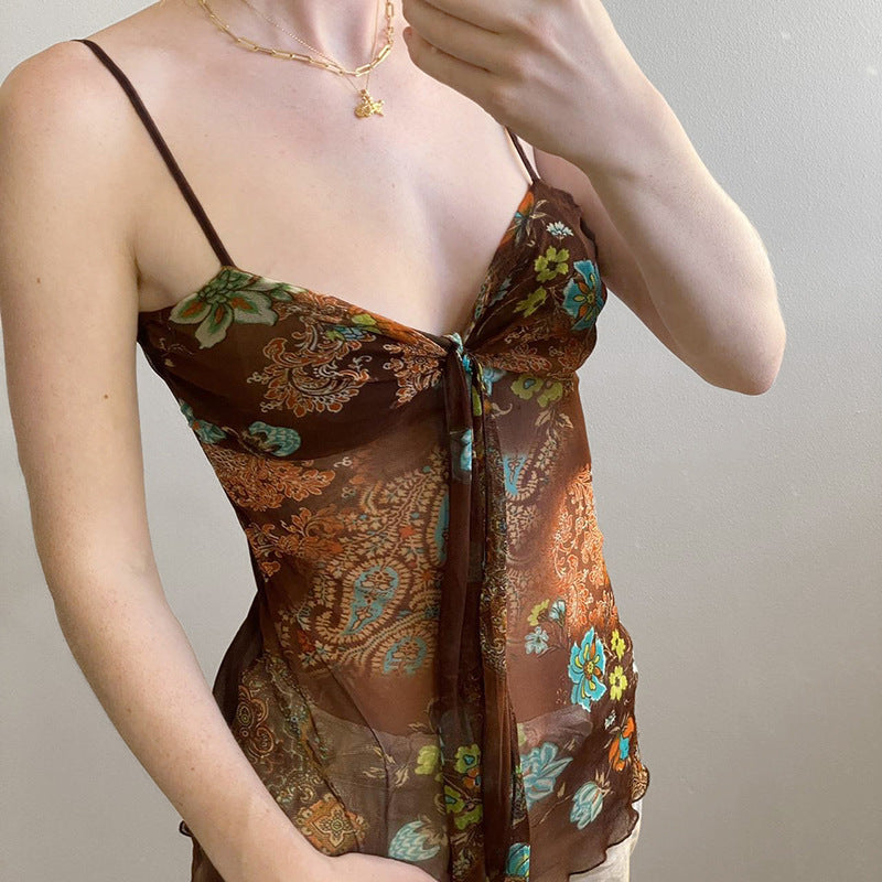 Dame blomsterdesign spaghetti-ryggrads topp med flytende design Mirla-Eva Jonsson