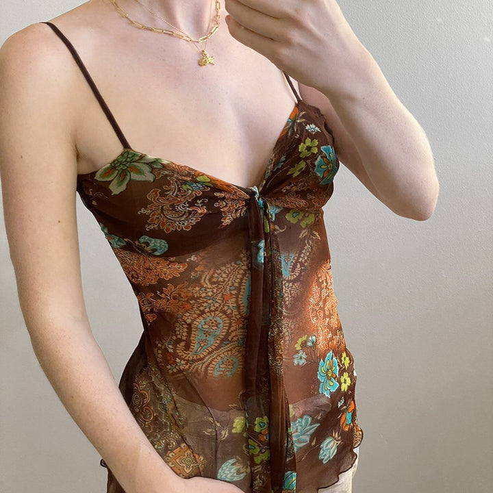 Dame blomsterdesign spaghetti-ryggrads topp med flytende design Mirla-Eva Jonsson