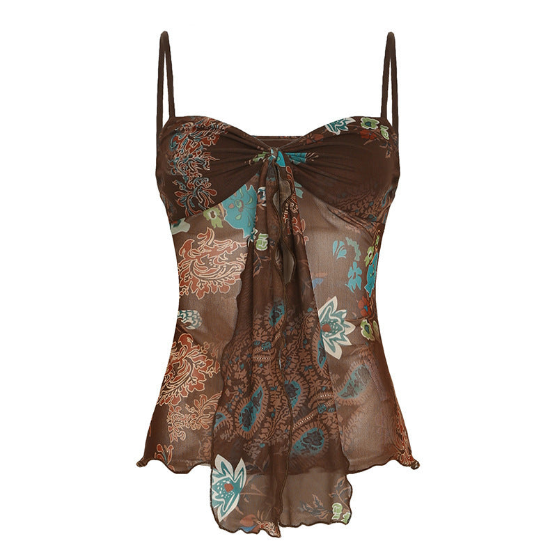 Dame blomsterdesign spaghetti-ryggrads topp med flytende design Mirla-Eva Jonsson