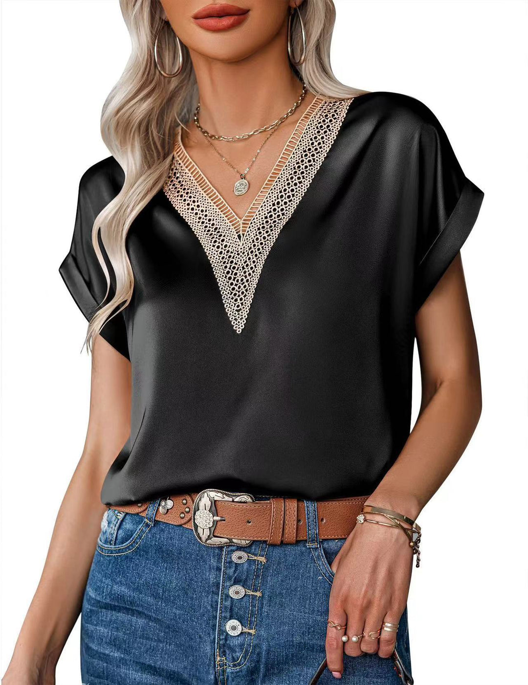 Dame blus med elegant spetskant Mirla-Eva Jonsson