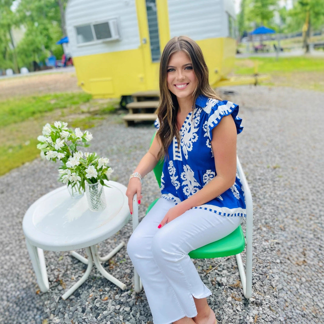 Dame blusskjorta med blommönster och volanger Eva Jonsson-Eva Jonsson