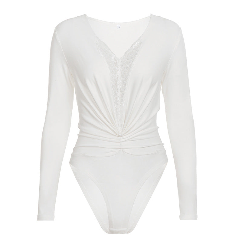 Dame bodysuit med djup V-utskärning och elegant rynkdetalj Mirla-Eva Jonsson
