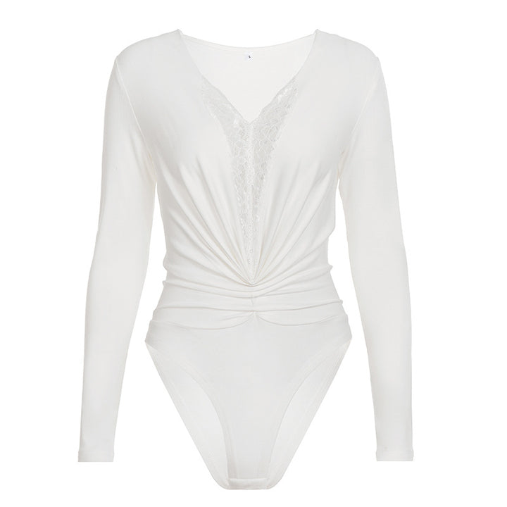 Dame bodysuit med djup V-utskärning och elegant rynkdetalj Mirla-Eva Jonsson