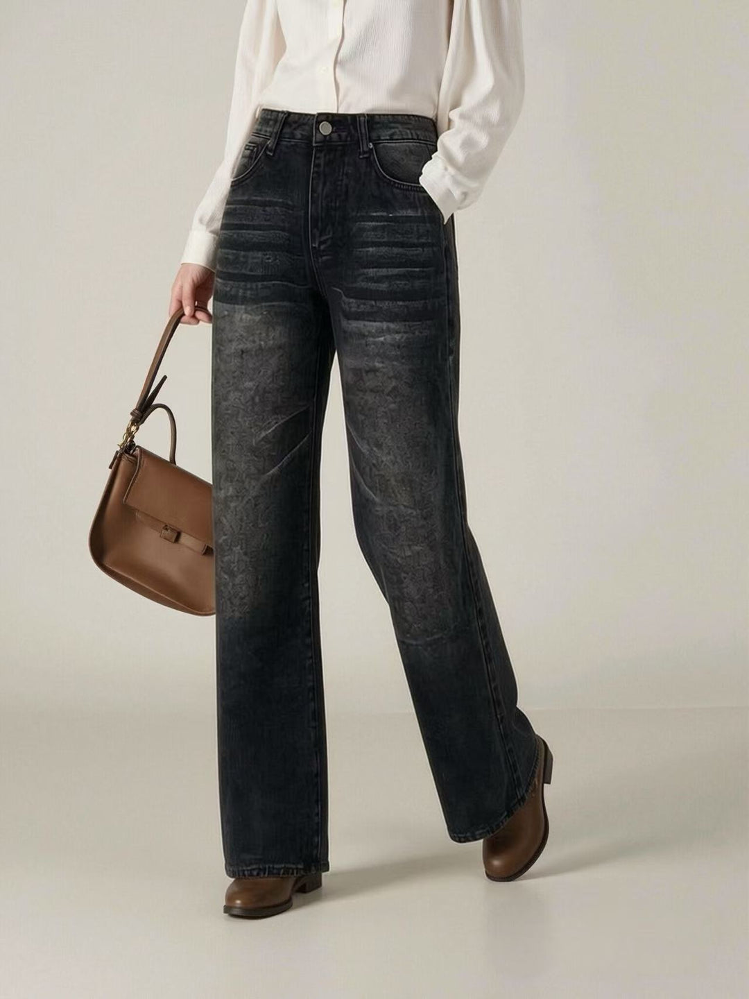 Dame breda High-Waist Jeans med unik textur Mirla-Eva Jonsson