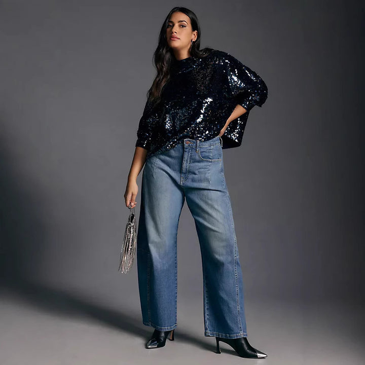 Dame breda denimbyxor i modern snitt med hög midja Mirla-Eva Jonsson