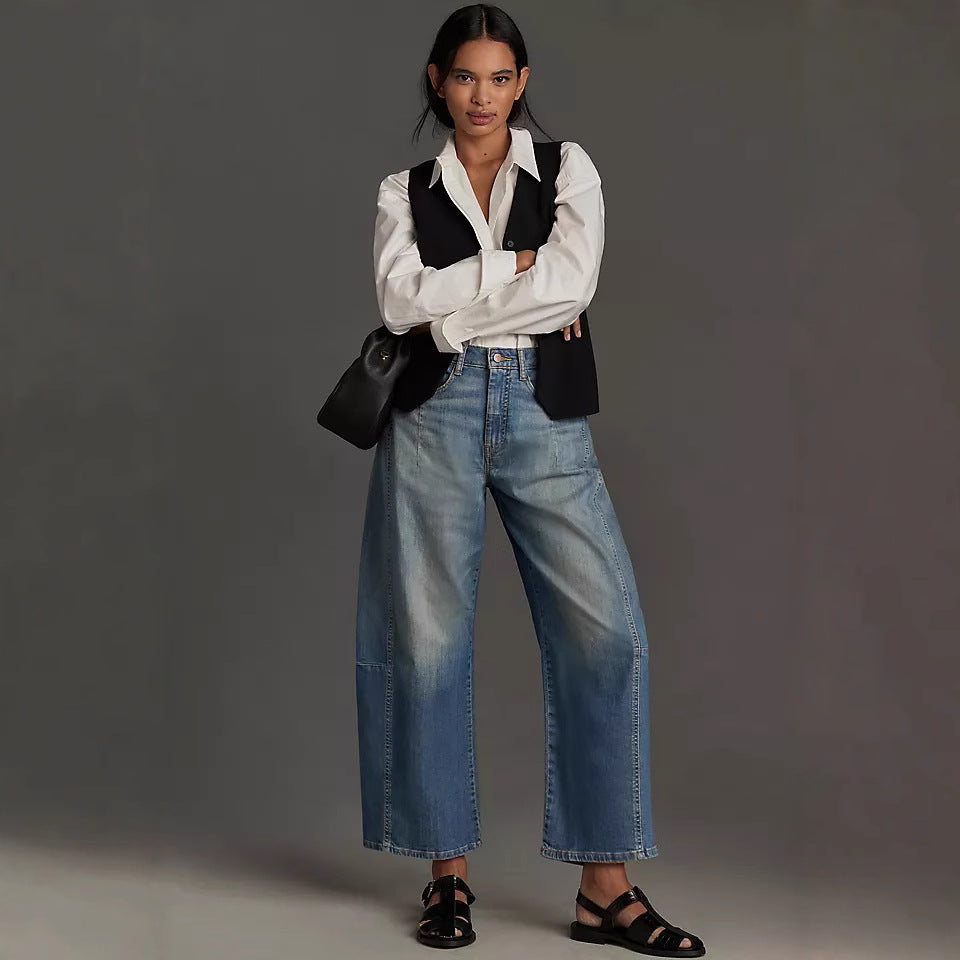 Dame breda denimbyxor i modern snitt med hög midja Mirla-Eva Jonsson