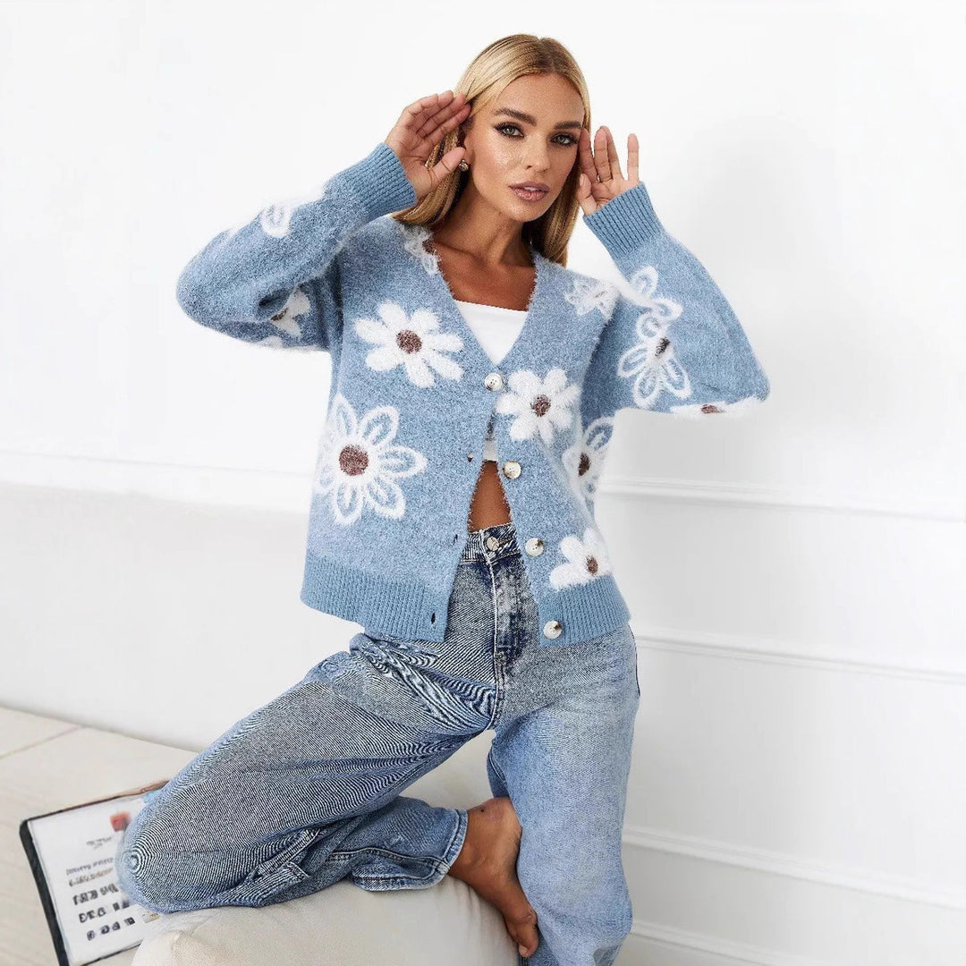 Dame cardigan med blommönster och eleganta knappdetaljer Eva Jonsson-Eva Jonsson