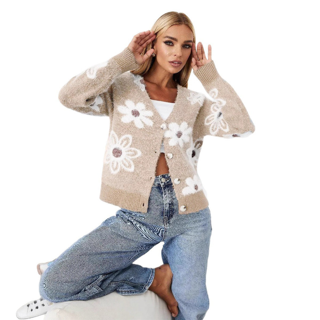 Dame cardigan med blommönster och eleganta knappdetaljer Eva Jonsson-Eva Jonsson
