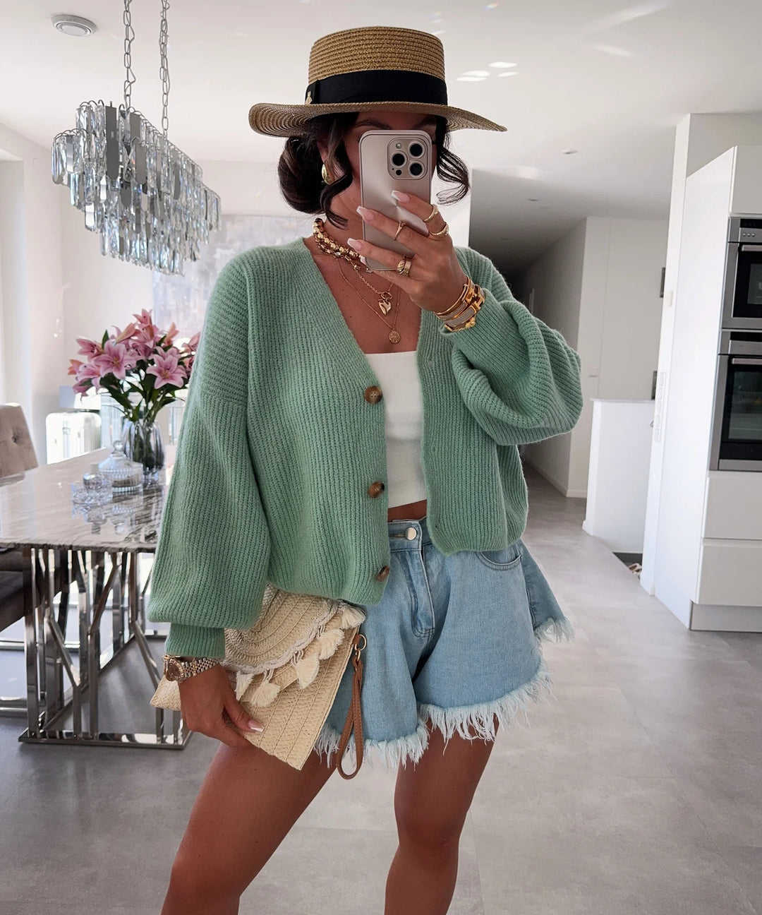 Dame cardigan med voluminösa ärmar och högkvalitativa träknappar Eva Jonsson-Eva Jonsson