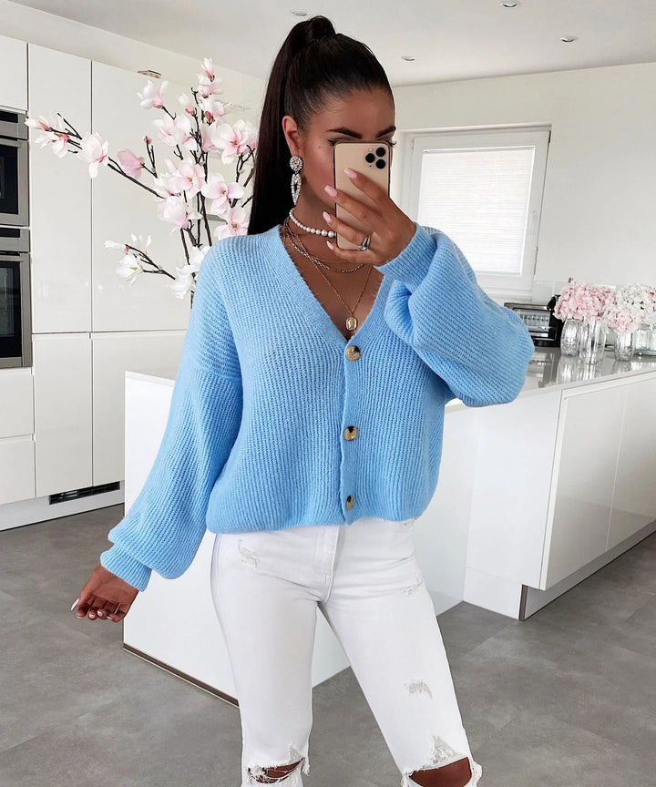 Dame cardigan med voluminösa ärmar och högkvalitativa träknappar Eva Jonsson-Eva Jonsson