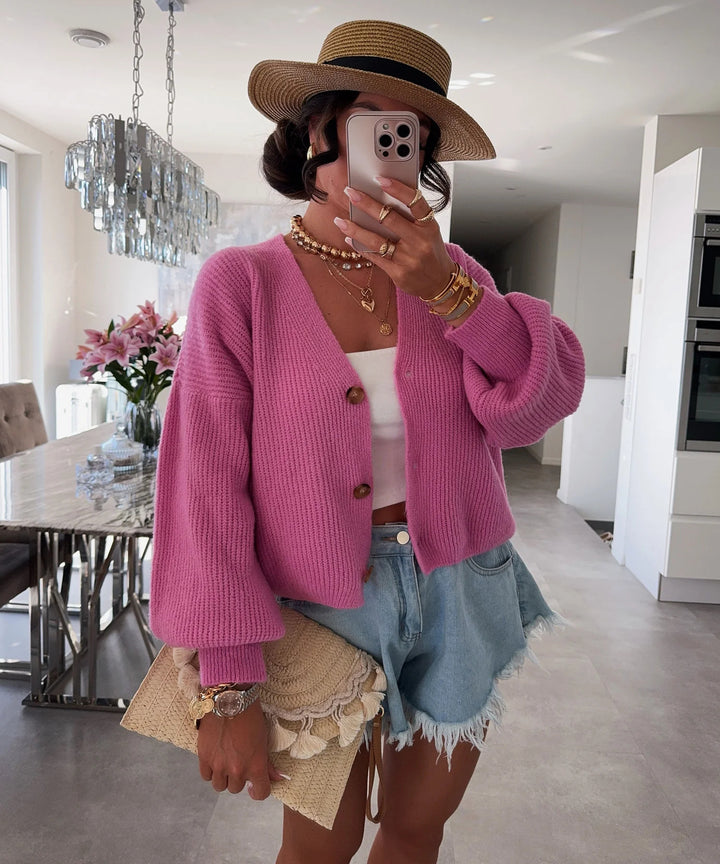 Dame cardigan med voluminösa ärmar och högkvalitativa träknappar Eva Jonsson-Eva Jonsson