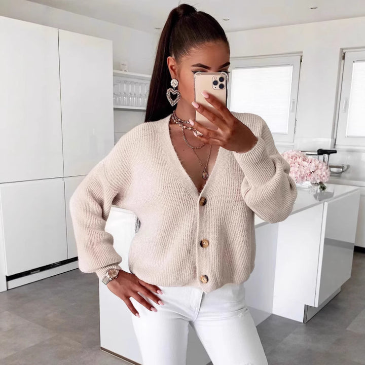 Dame cardigan med voluminösa ärmar och högkvalitativa träknappar Eva Jonsson-Eva Jonsson