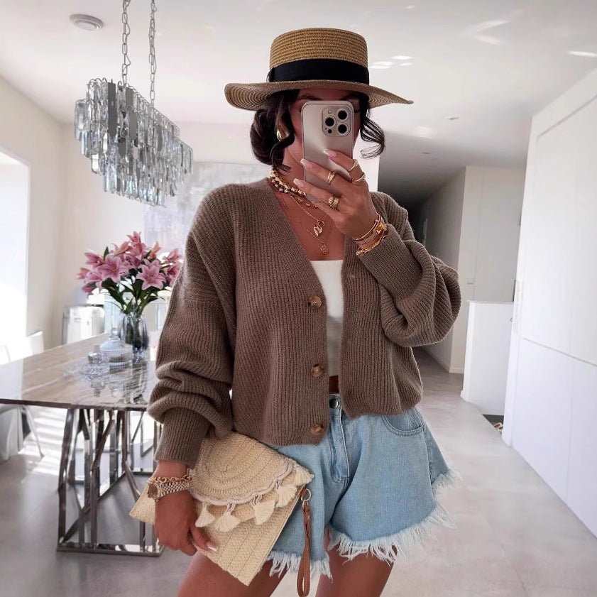 Dame cardigan med voluminösa ärmar och högkvalitativa träknappar Eva Jonsson-Eva Jonsson