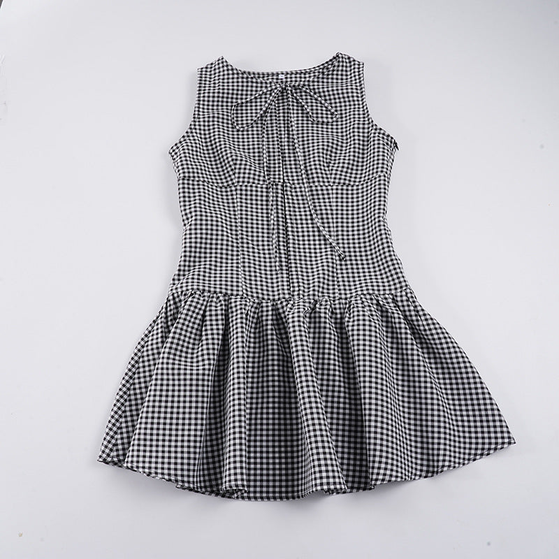 Dame casual Vichy dress with bow decoration and swinging hem Mirla-Eva Jonsson