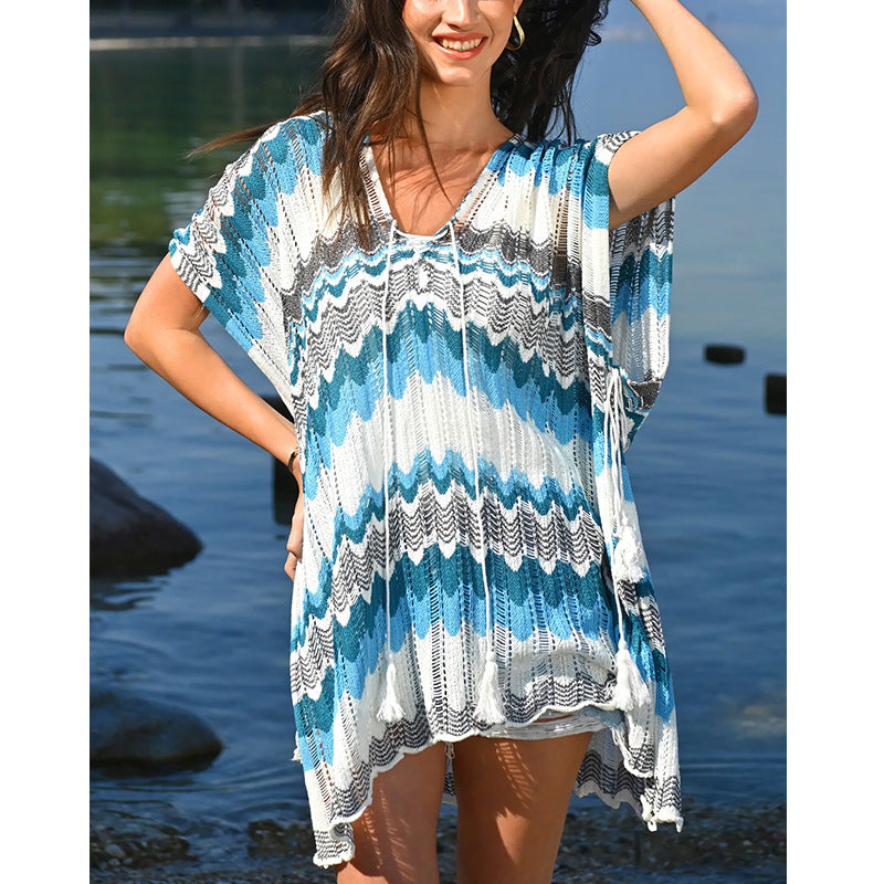 Dame casual beach kimono in wave pattern with open sleeves and side slits Mirla-Eva Jonsson