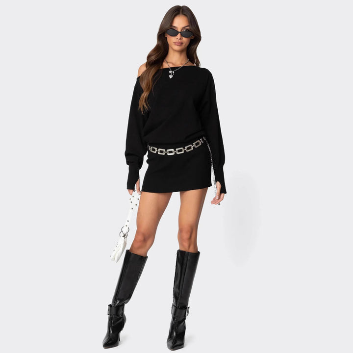 Dame casual knitted dress with asymmetric neckline and fitted waistband Mirla-Eva Jonsson