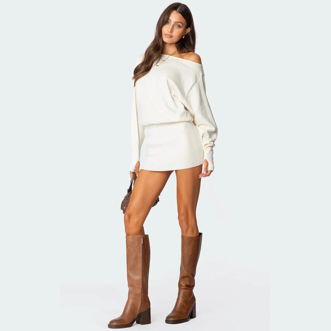 Dame casual knitted dress with asymmetric neckline and fitted waistband Mirla-Eva Jonsson