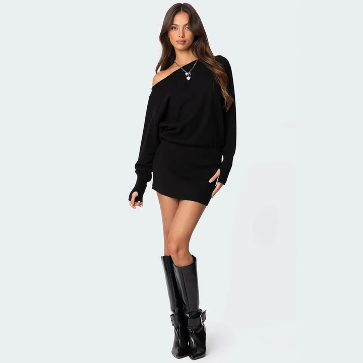 Dame casual knitted dress with asymmetric neckline and fitted waistband Mirla-Eva Jonsson