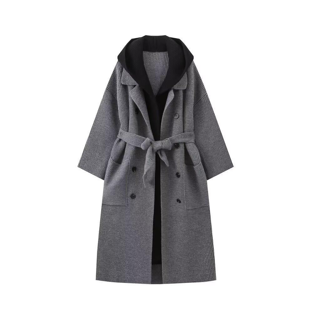 Dame casual lång cardigan med knytbart midjebälte och dubbelkrage Mirla-Eva Jonsson