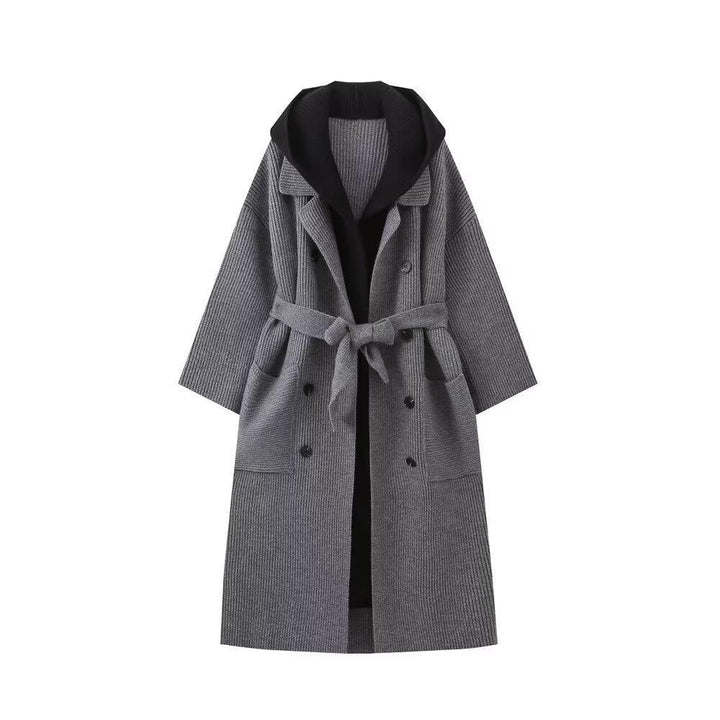 Dame casual lång cardigan med knytbart midjebälte och dubbelkrage Mirla-Eva Jonsson