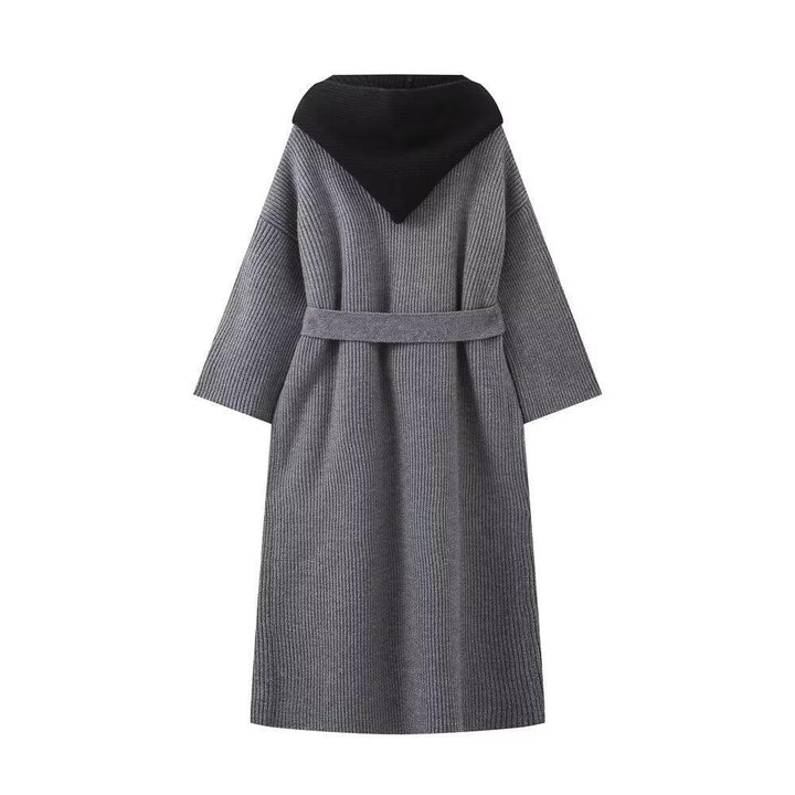 Dame casual lång cardigan med knytbart midjebälte och dubbelkrage Mirla-Eva Jonsson
