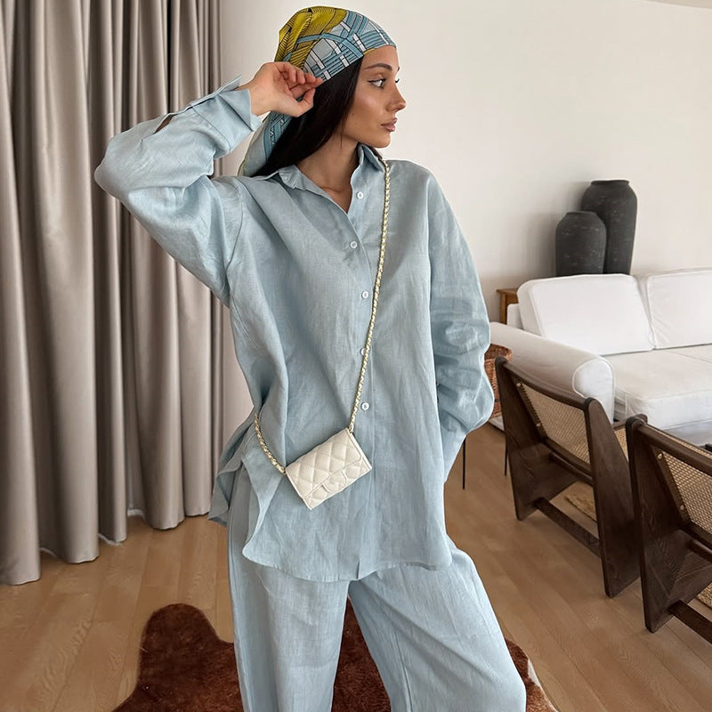 Dame casual linne lounge wear ensemble Mirla-Eva Jonsson