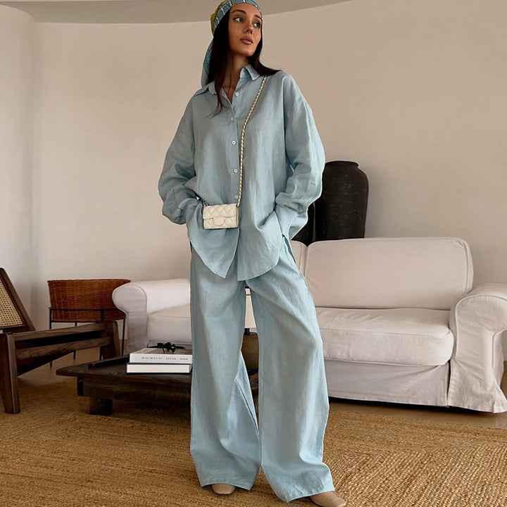 Dame casual linne lounge wear ensemble Mirla-Eva Jonsson