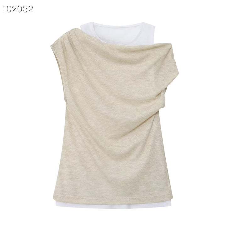 Dame casual overlay t-shirt med asymmetrisk skärning och eleganta veck Mirla-Eva Jonsson
