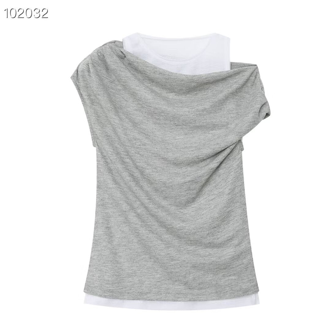 Dame casual overlay t-shirt med asymmetrisk skärning och eleganta veck Mirla-Eva Jonsson