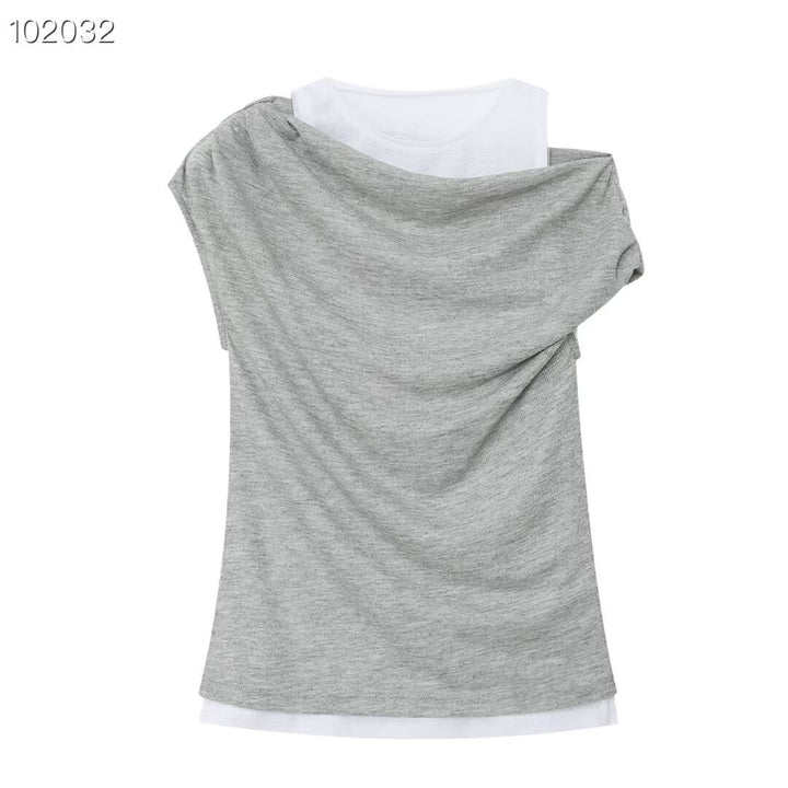 Dame casual overlay t-shirt med asymmetrisk skärning och eleganta veck Mirla-Eva Jonsson