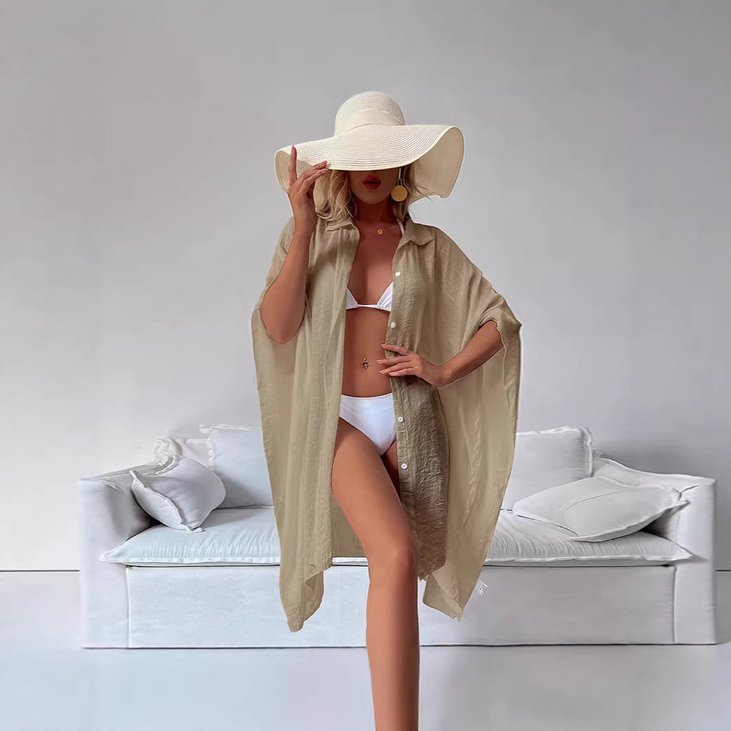 Dame casual strandöverdel med vida ärmar och knapplist Mirla-Eva Jonsson