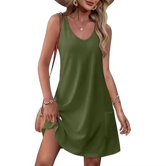 Dame casual tank dress with practical pockets and V-neck Mirla-Eva Jonsson