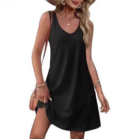 Dame casual tank dress with practical pockets and V-neck Mirla-Eva Jonsson