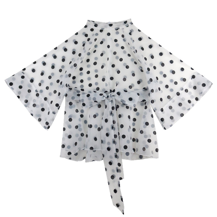 Dame chiffonsblus med transparent polka prickar design och figursydda knytbälte Mirla-Eva Jonsson